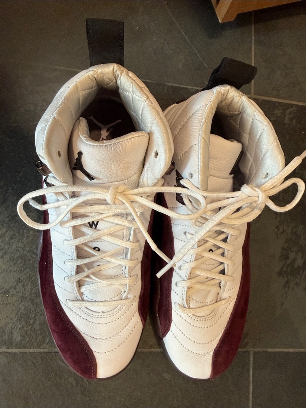 Jordan 12 Men's Size 9 White and Burgundy High-Top Sneakers